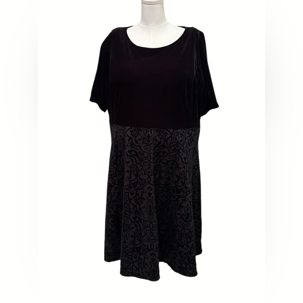 Lands’ End Black Velvet Damask Baroque Dress 2X Elegant Holiday Cocktail Party